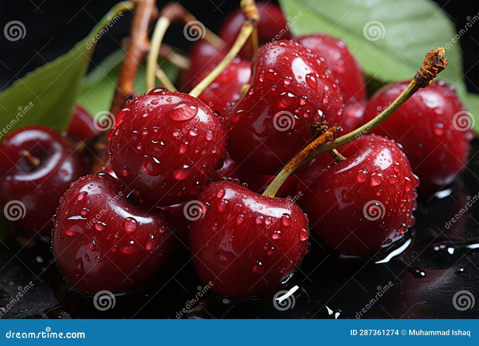 Cherries Close Up, Wooden Table Adorned with Water Droplets, Creating a
