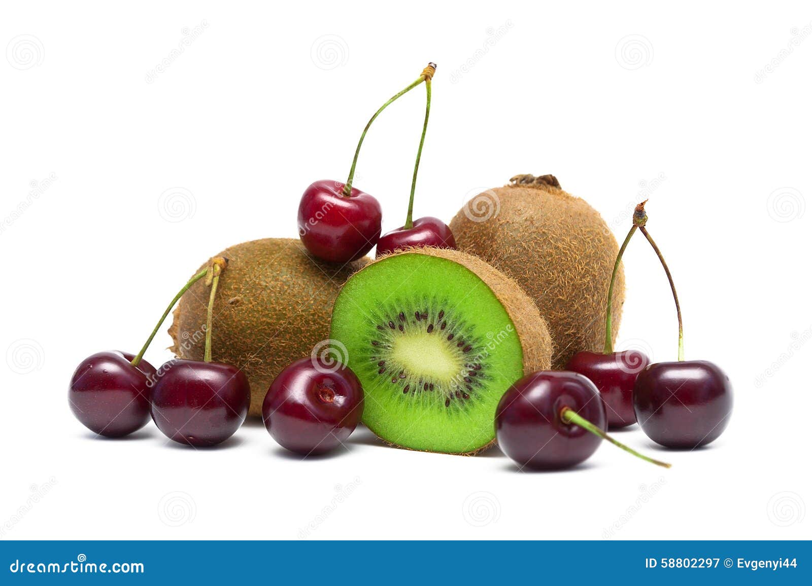 Cherries And Kiwi Fruit Closeup On A White Background Stock Photo