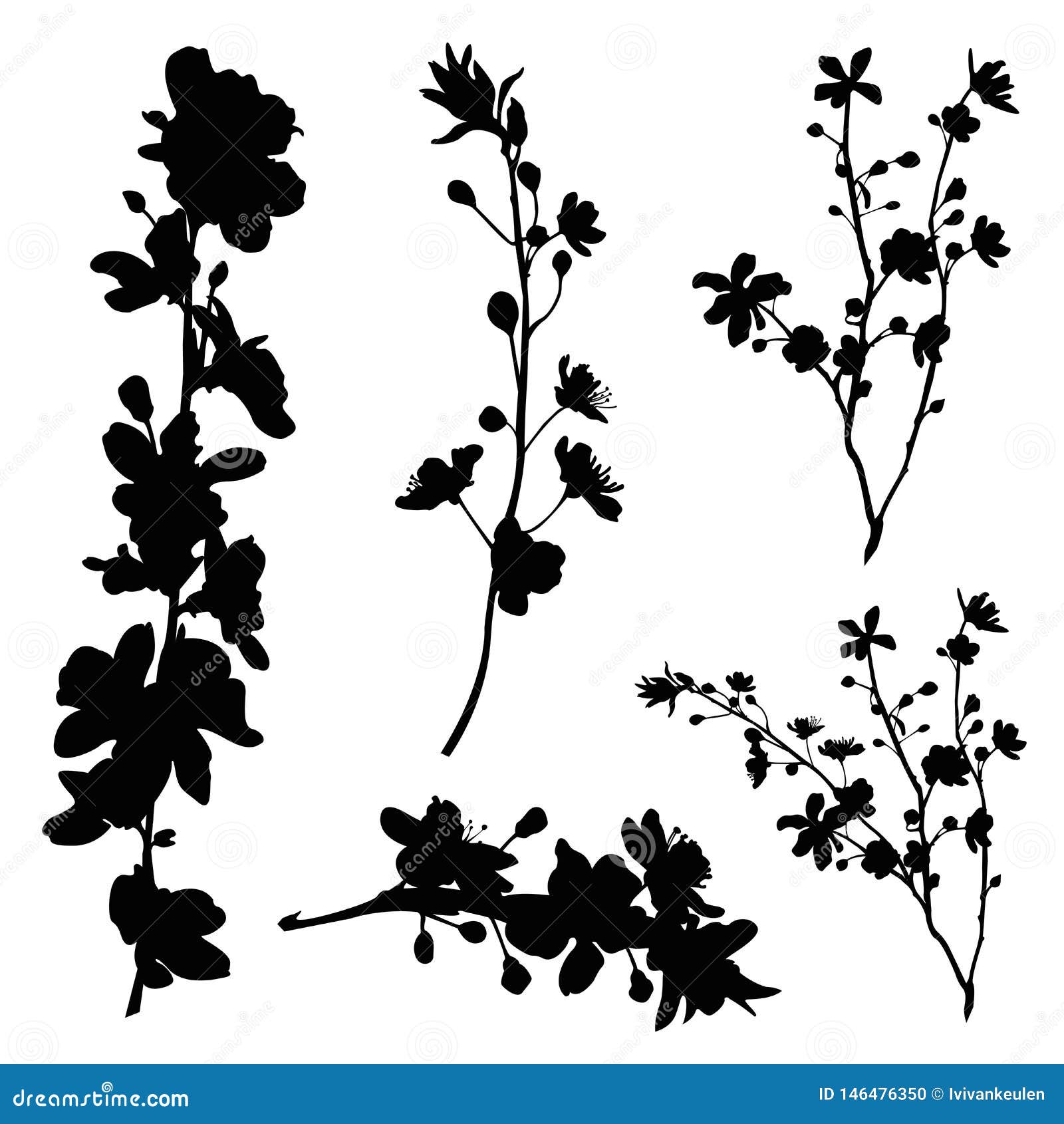 Cherry Blossom Branch Silhouette Set Stock Vector Illustration of