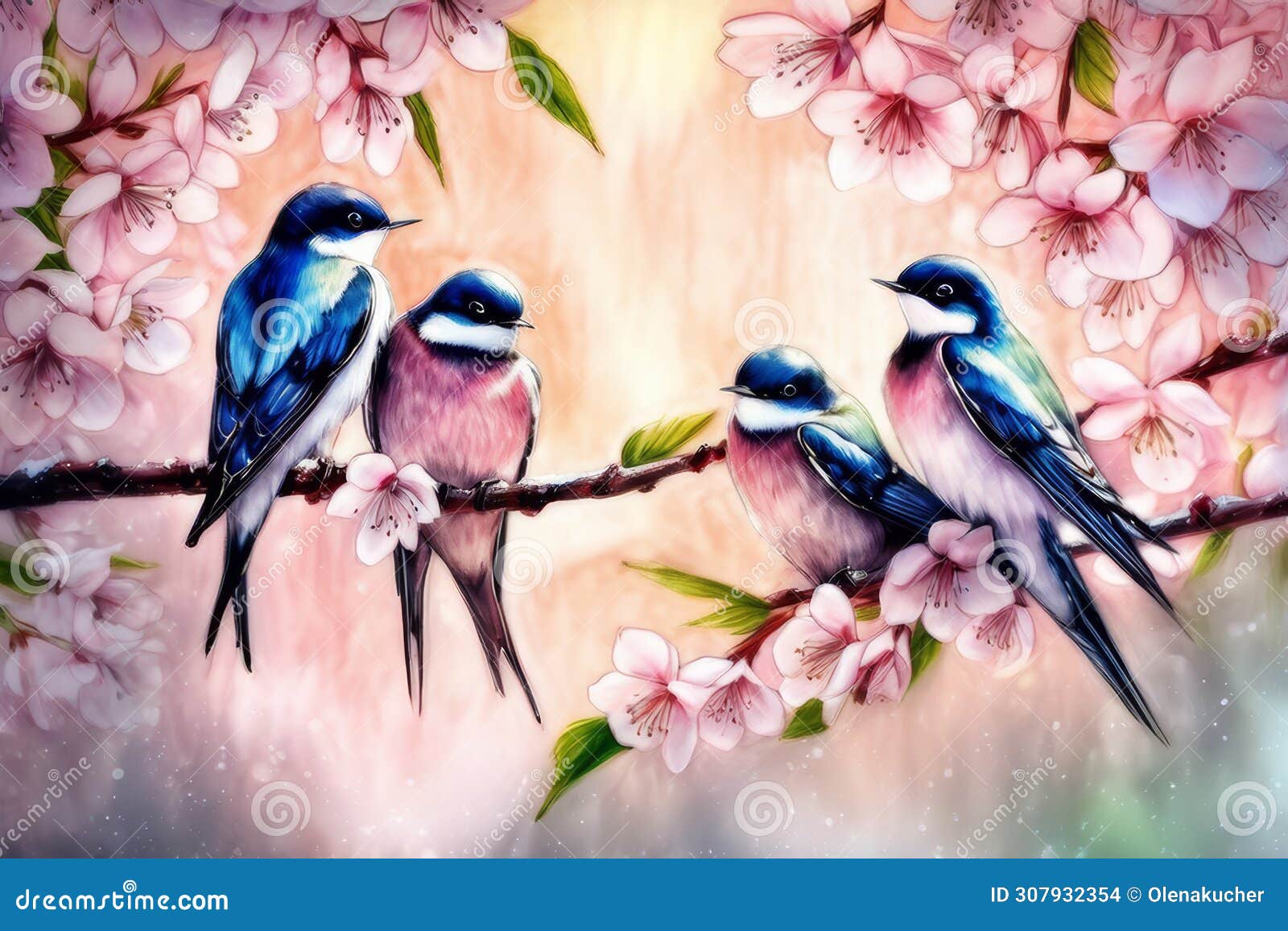 Cherry Blossom Pattern with Swallow Stock Illustration - Illustration ...