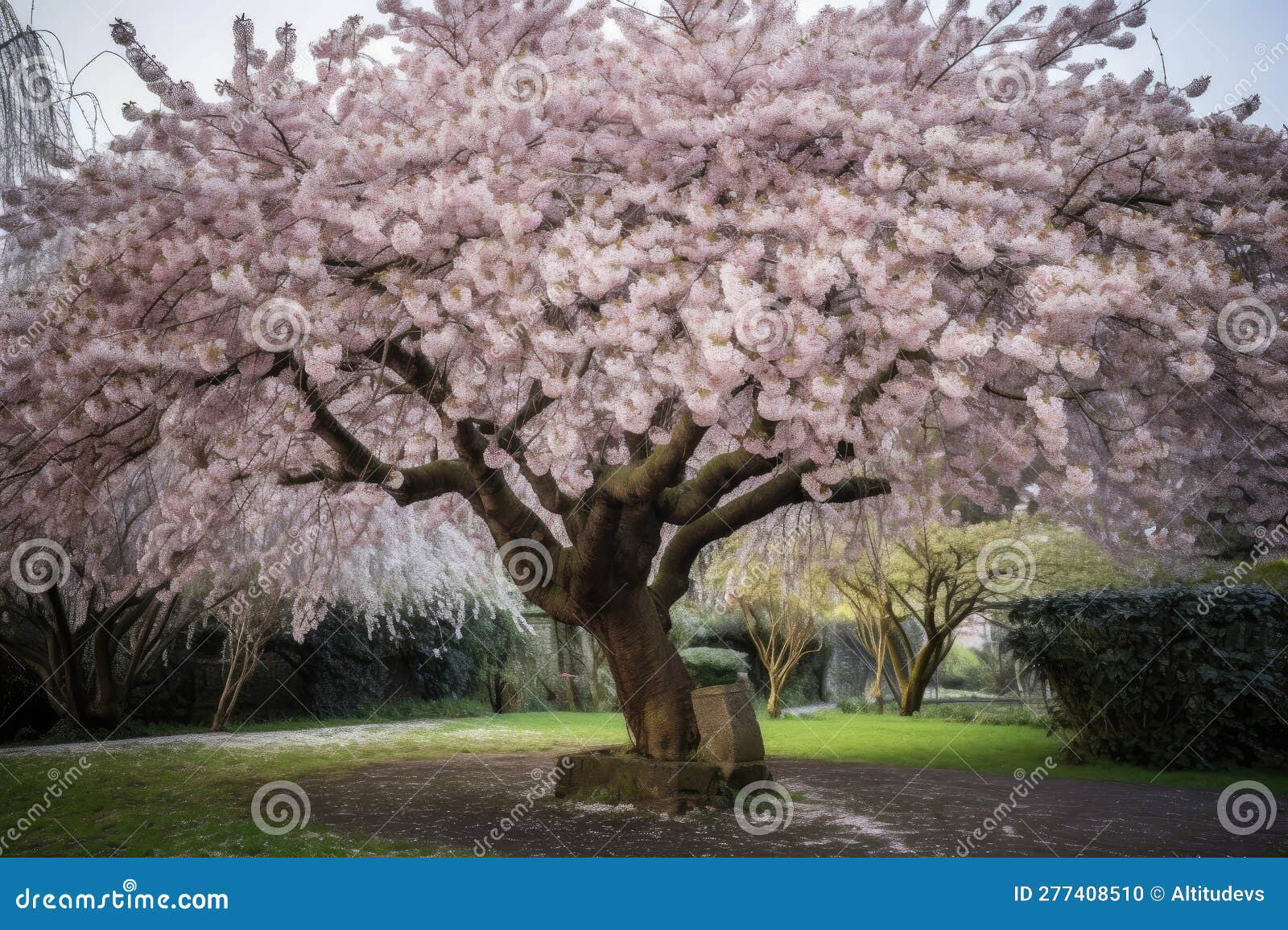 Cherry Blossom Tree, Surrounded by Blooming Cherry Blossoms, in Garden