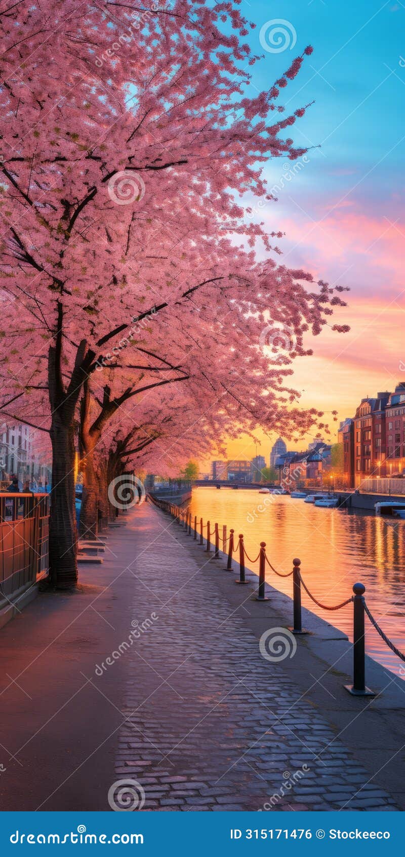 cherry blossom trees at old town stockholm: ukiyo-e vibes in 32k uhd