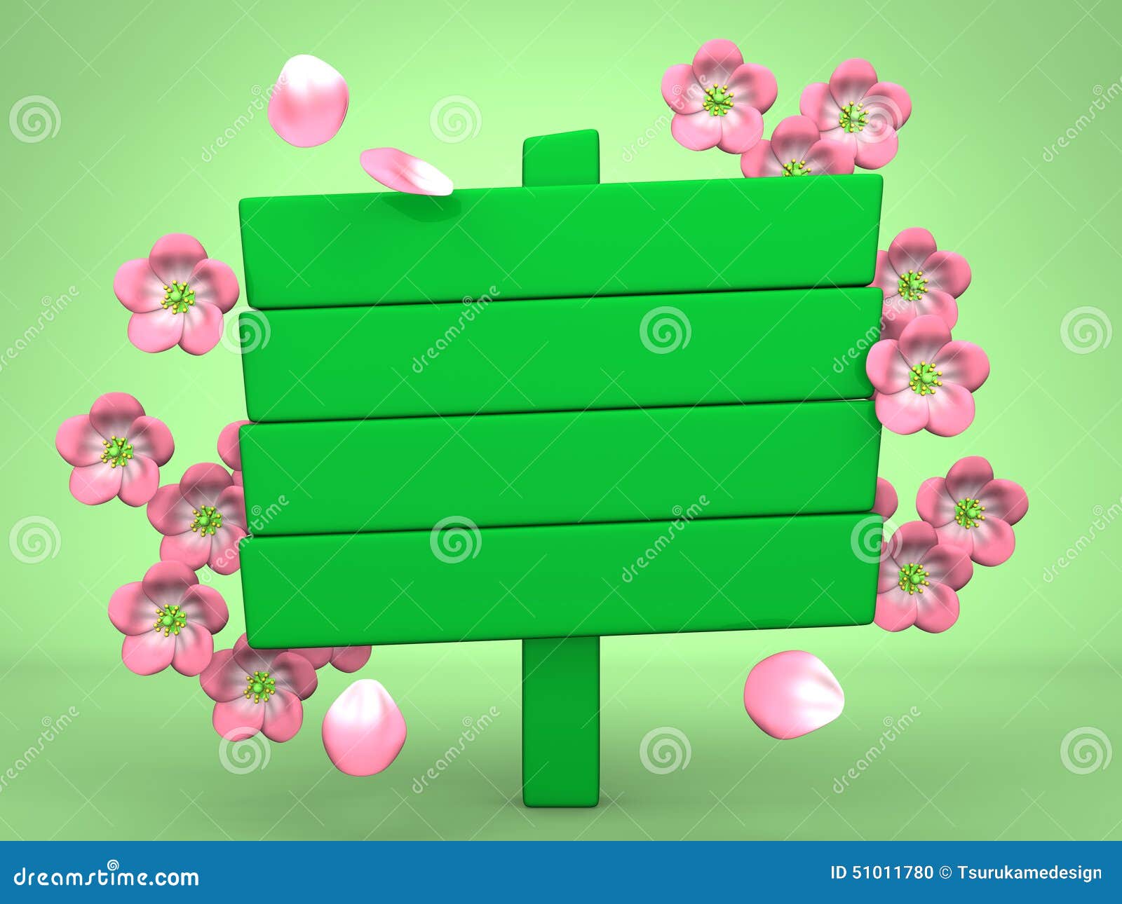 Cherry Blossoms And Wood Billboard On Green. 3D render illustration. on Green Background.