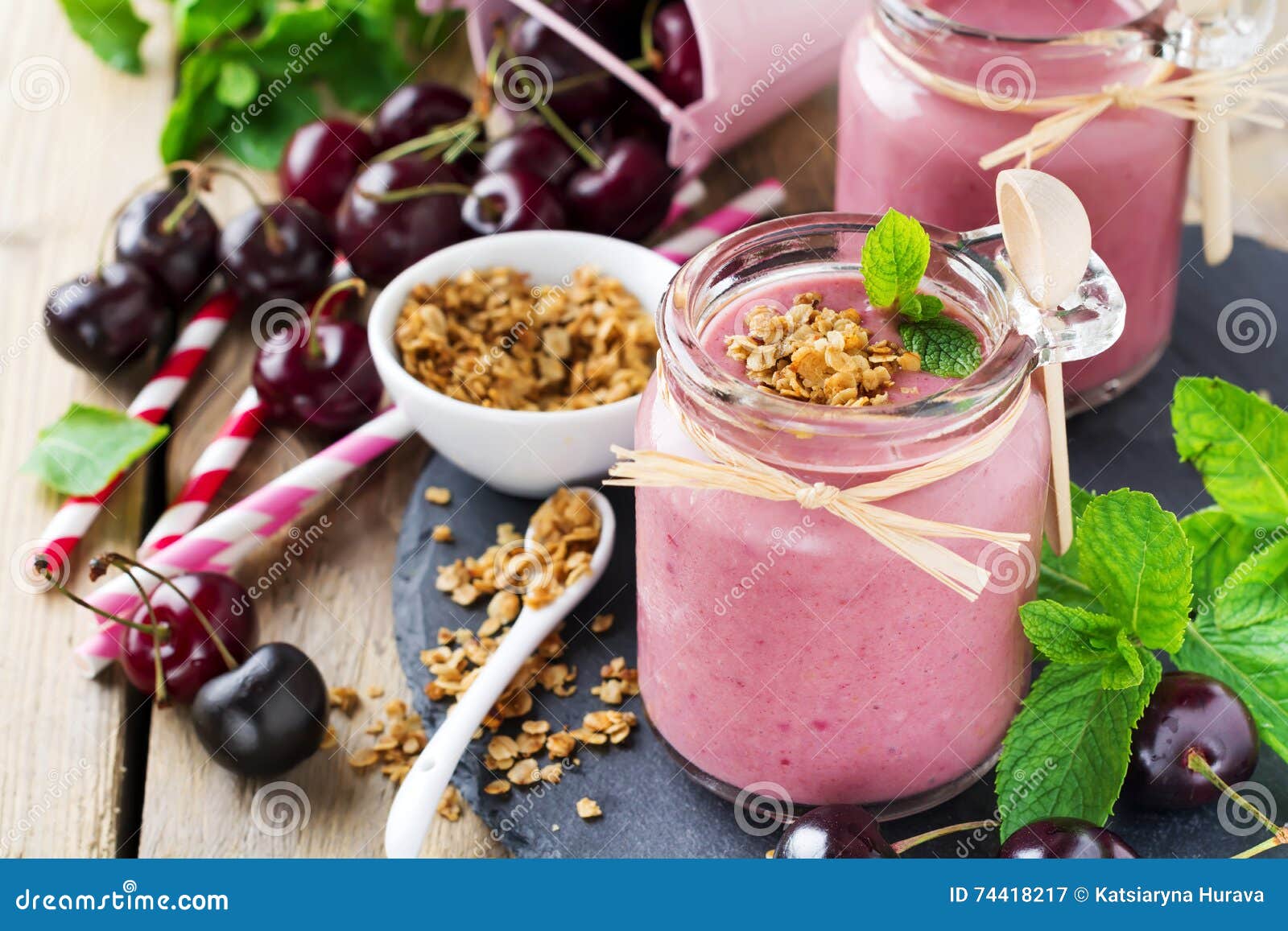 Cherry Healthy Smoothie with Granola and Berries. Stock Image Image