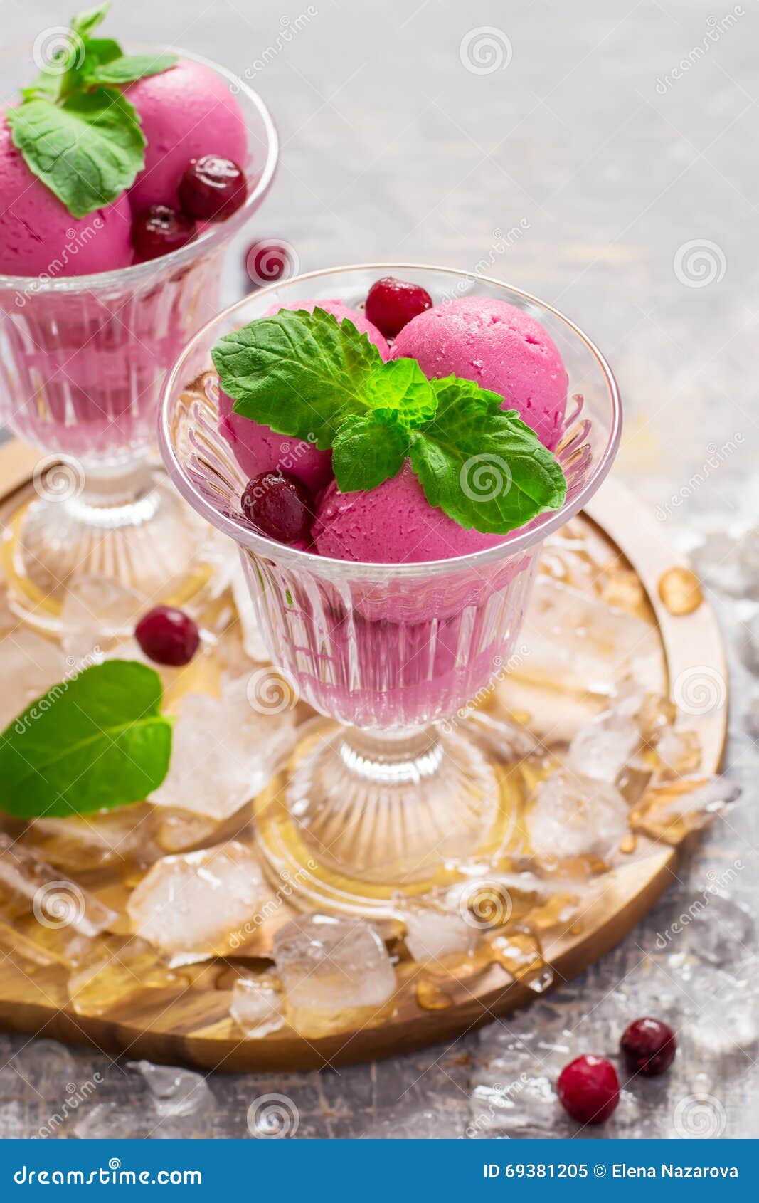 Cherry Ice Cream, Mint Leaves, Berries and Ice Stock Image Image of