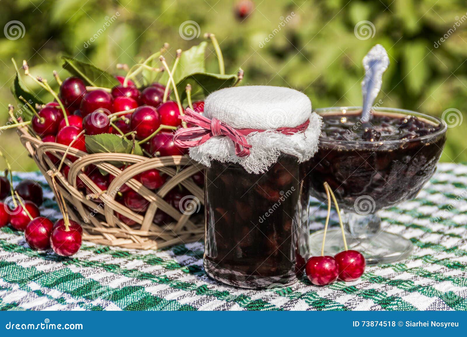 Cherry Jam Jar on Background of Basket of Cherries and Cherry Jam Stock Photo Image of