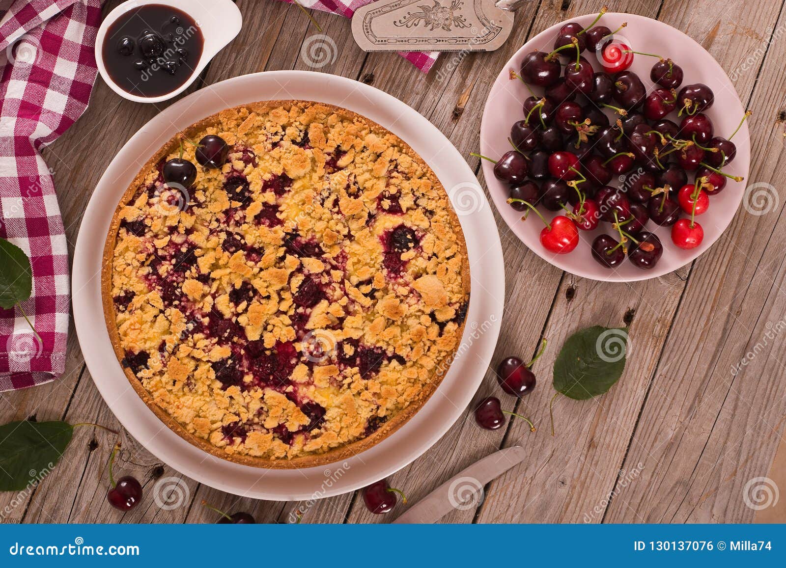 Cherry pie. stock photo. Image of fruit, cherries, napkin 130137076