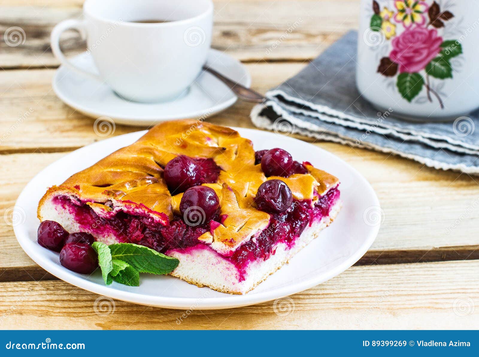 Cherry Pie on White Plate. Wooden Background Stock Image Image of