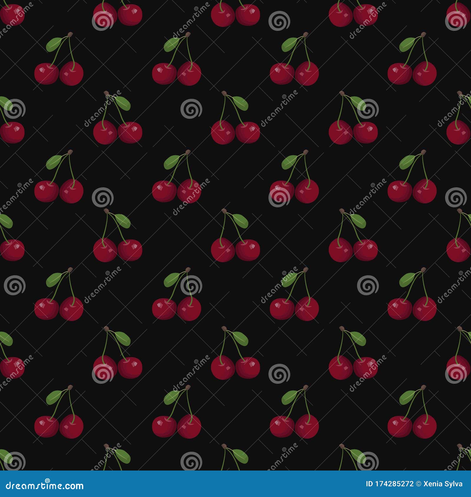Cherry Seamless Pattern; Juicy Cherry with Leaves on Black Background.  Stock Vector - Illustration of fruit, berry: 174285272