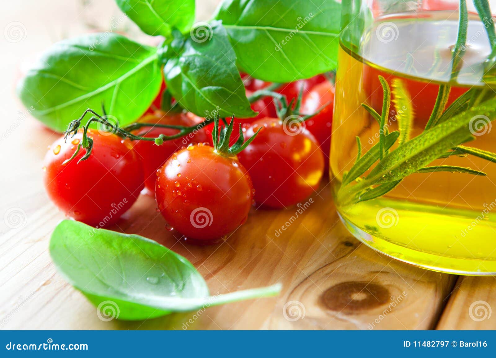Cherry Tomatoes,fresh Basil and Olive Oil Stock Image Image of
