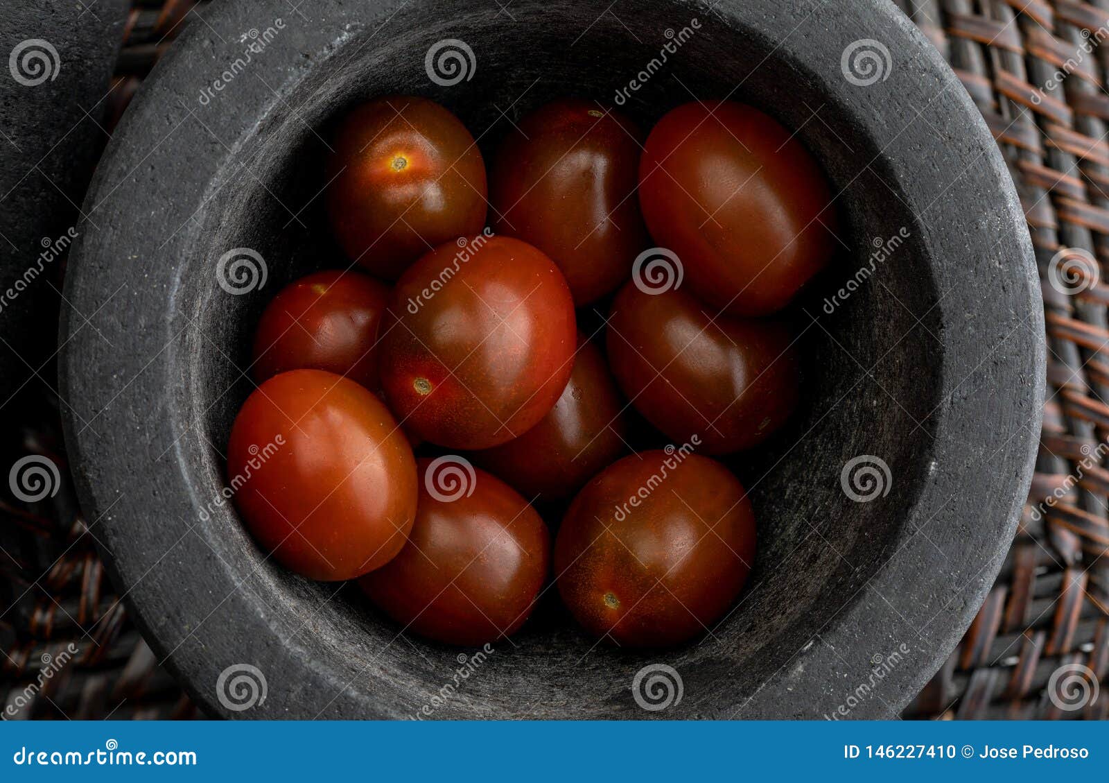 Cherry Tomatoes Mini Kumato. in Stone Mortar Stock Photo Image of