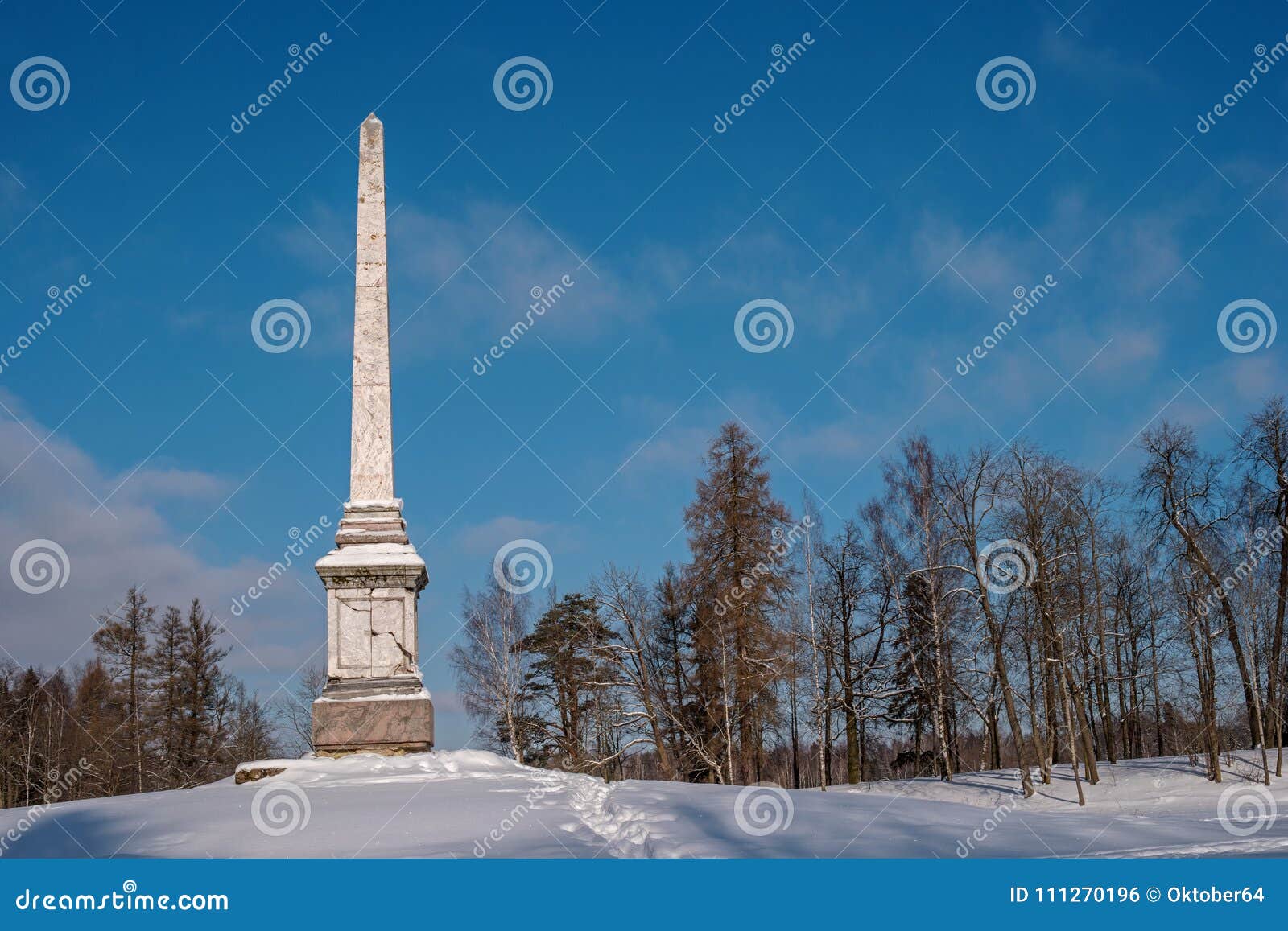 chesma obelisk in gatchina park. sunny winter`s day.