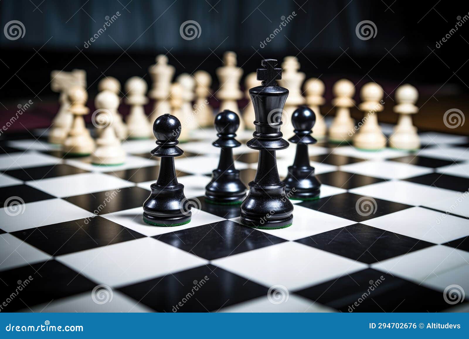 Chess Board with Black and White Pieces Engaged in a Game Stock Photo