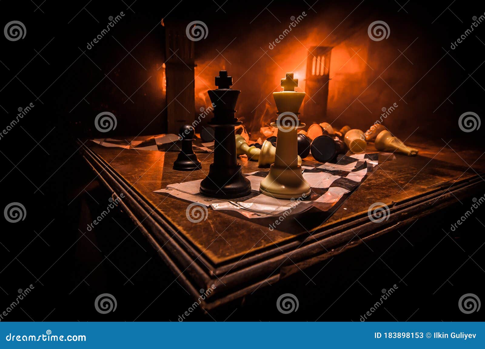 Chess Game Concept. Chess Board with Figures on Orange Background