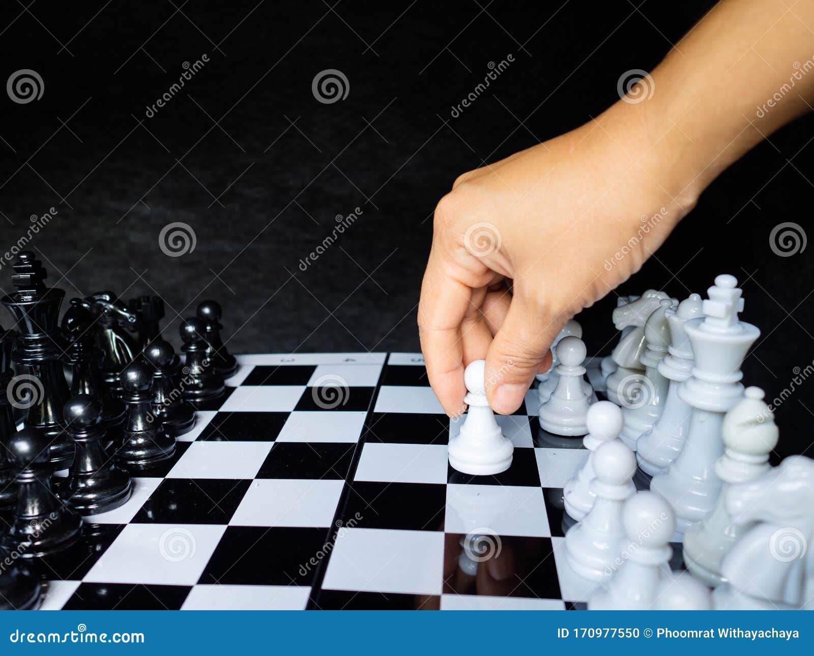 Businessman`s Hand Playing Chess Game To Development Analysis Ne Stock  Photo - Image of competition, business: 123928716