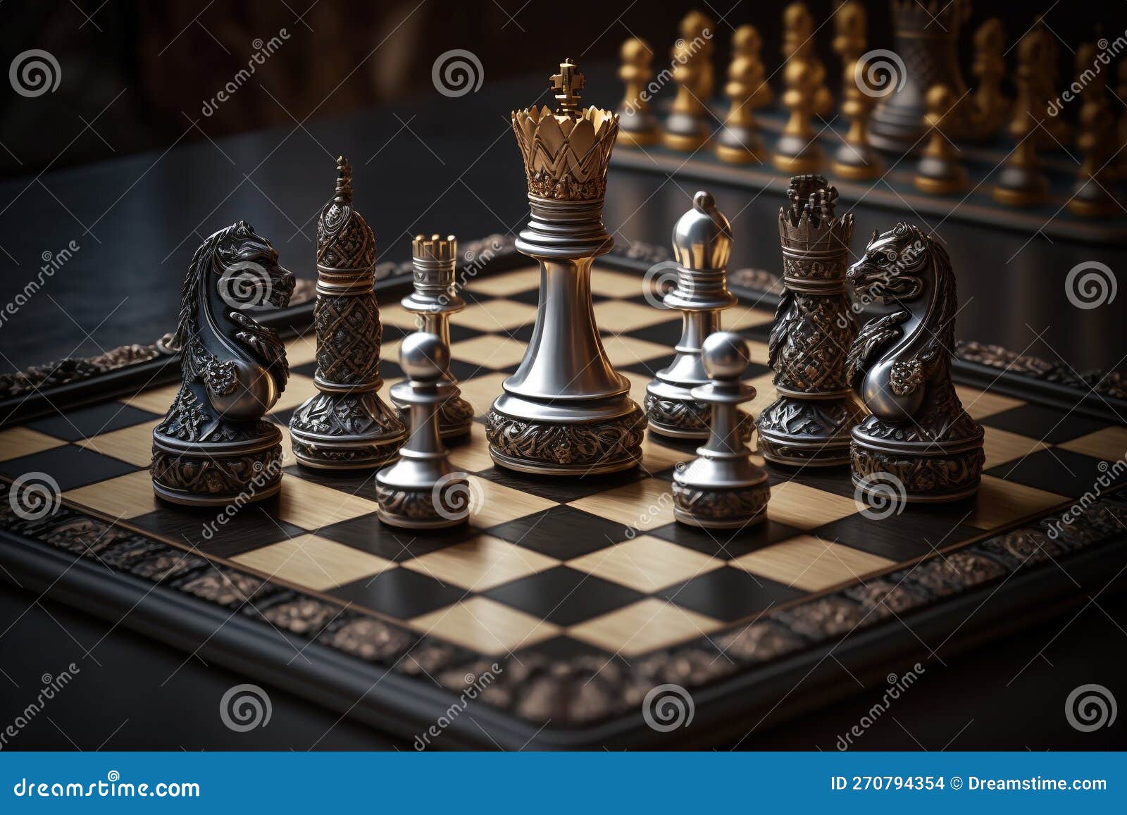 Chess piece on chessboard, competition success and strategy game play,  design created with Generative Ai Stock Illustration