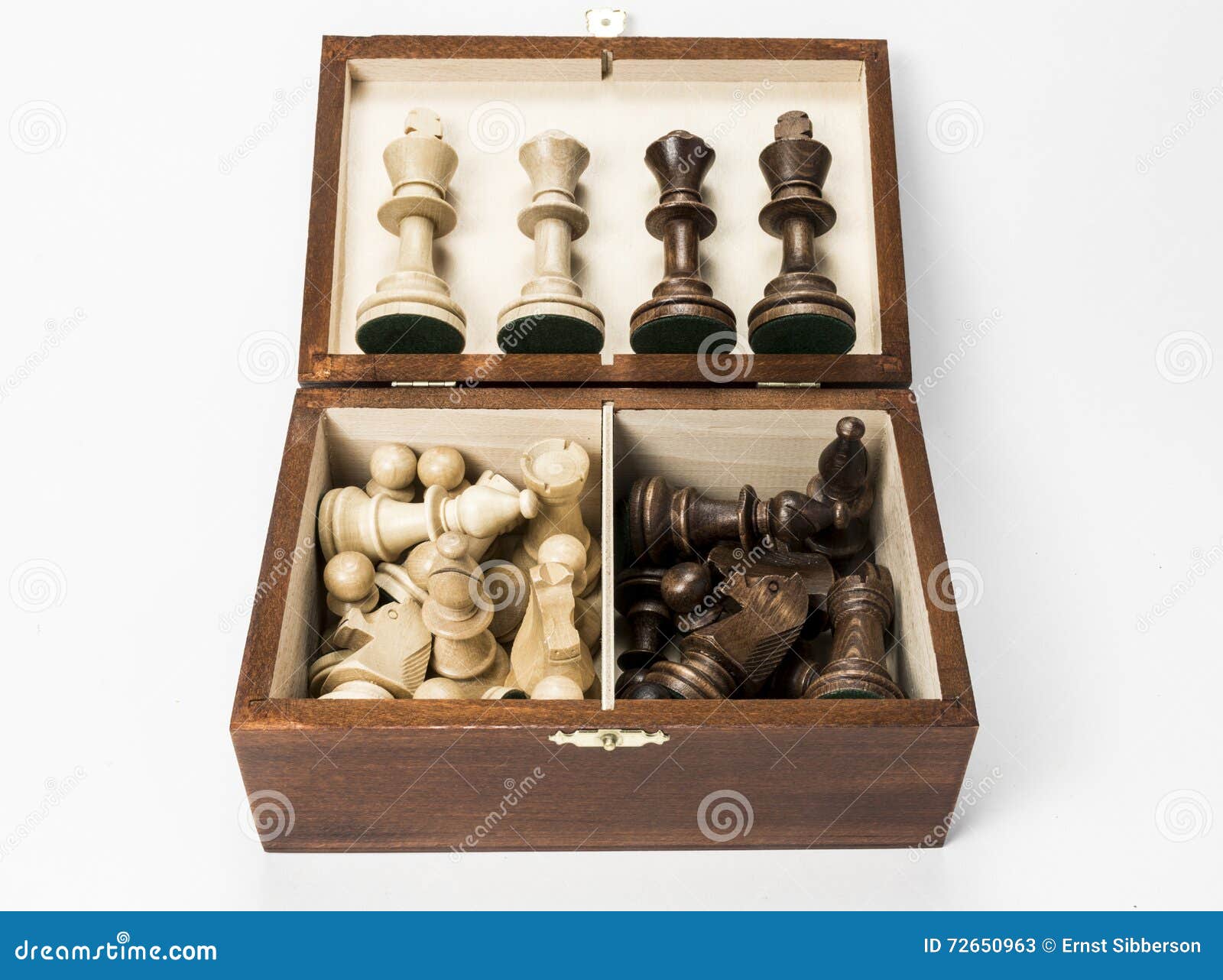 Chess Pieces in Box with Kings and Queens Displayed. Stock Image