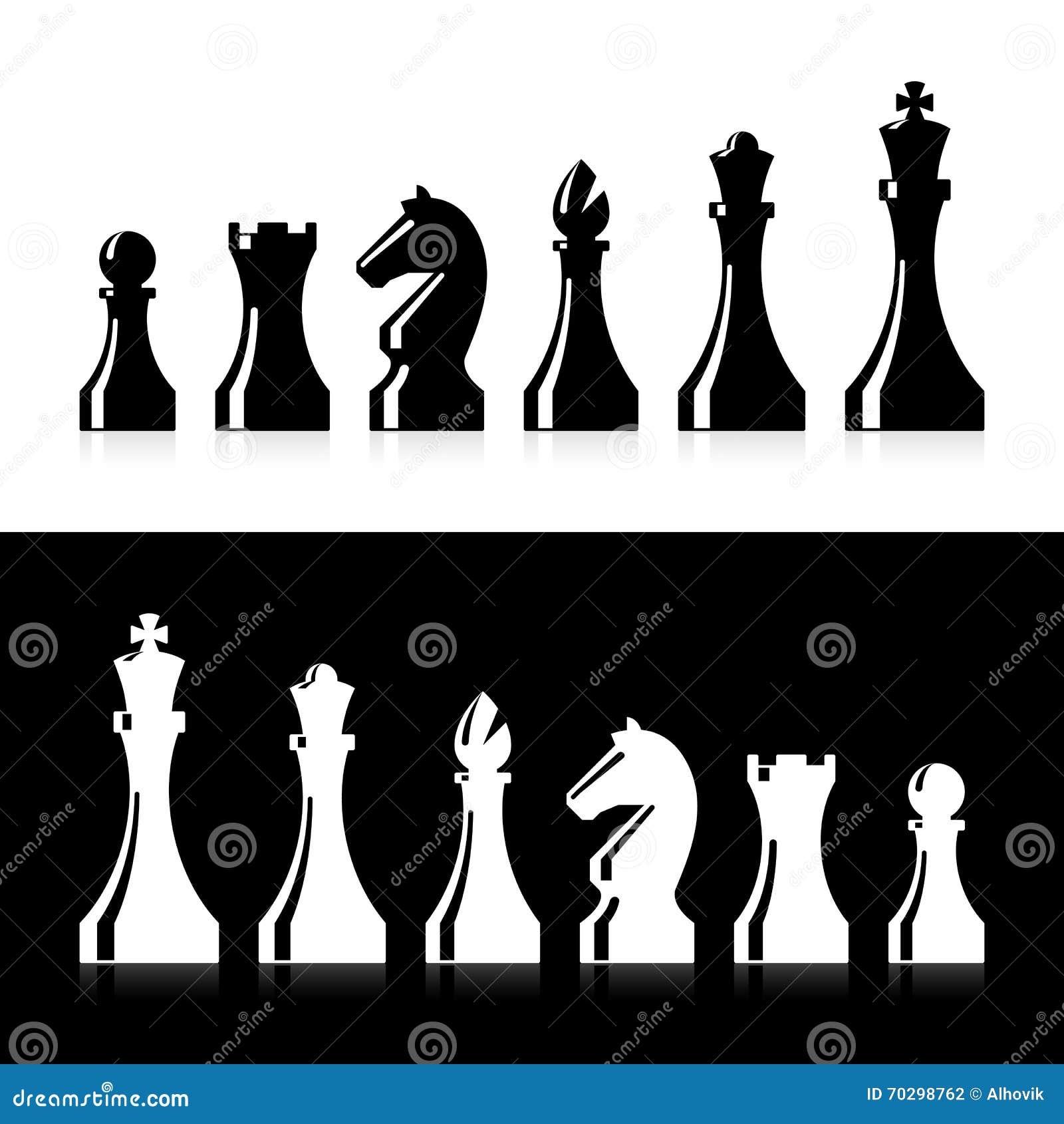 Cartoon black and white chess pieces icons. Flat chessmen, queen