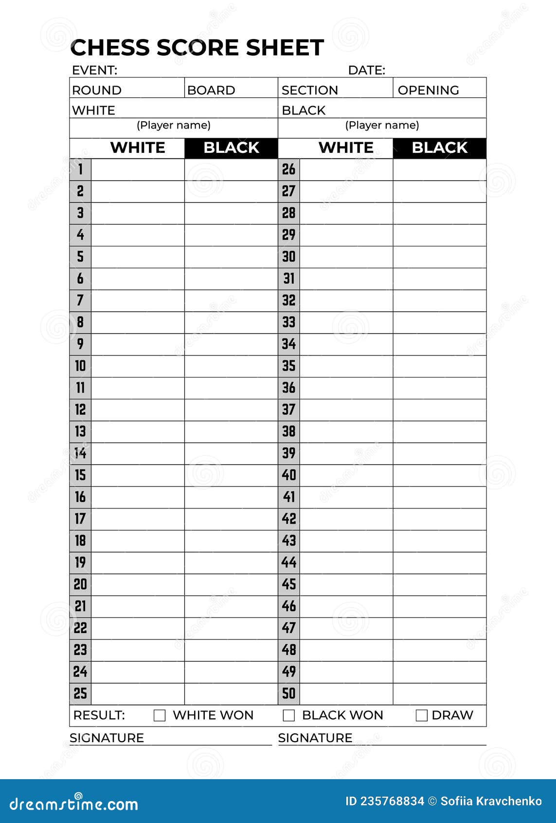 CHESS SCORE SHEET: Date Time control Board Opening Event/Location White  (player name) Black (player name) rating Round Selection White Win Black  win