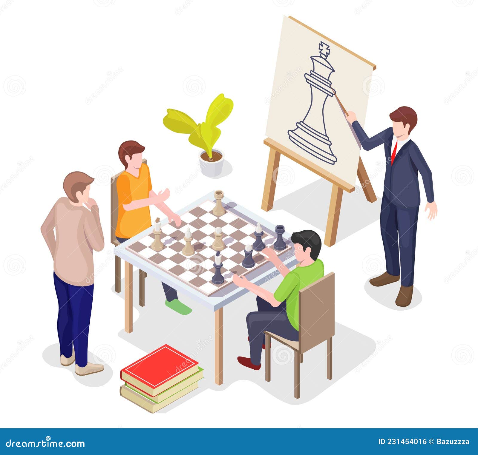 Cute cartoon drawing chess board with figures in flat style