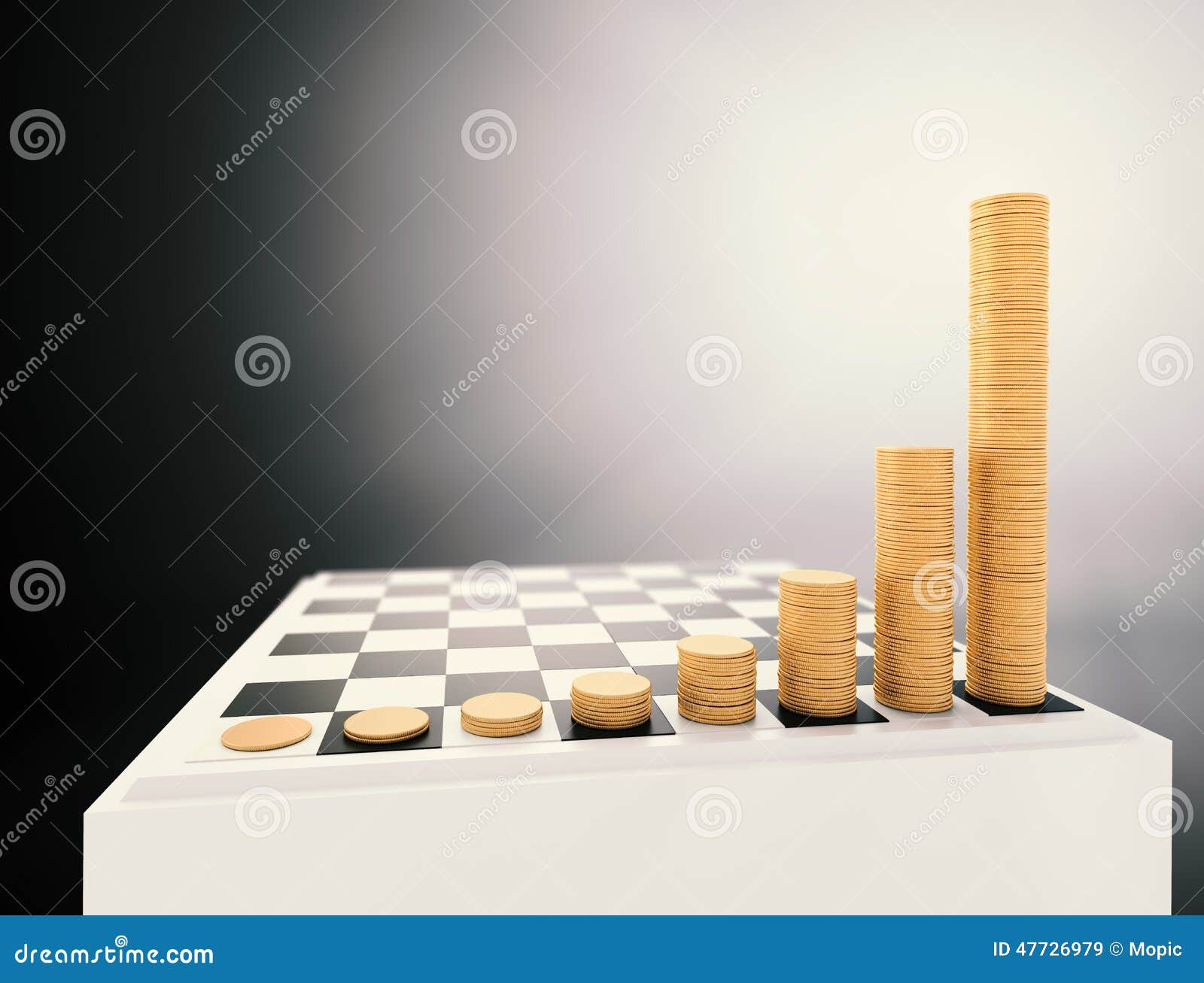 chessboard with growing height coins stacks