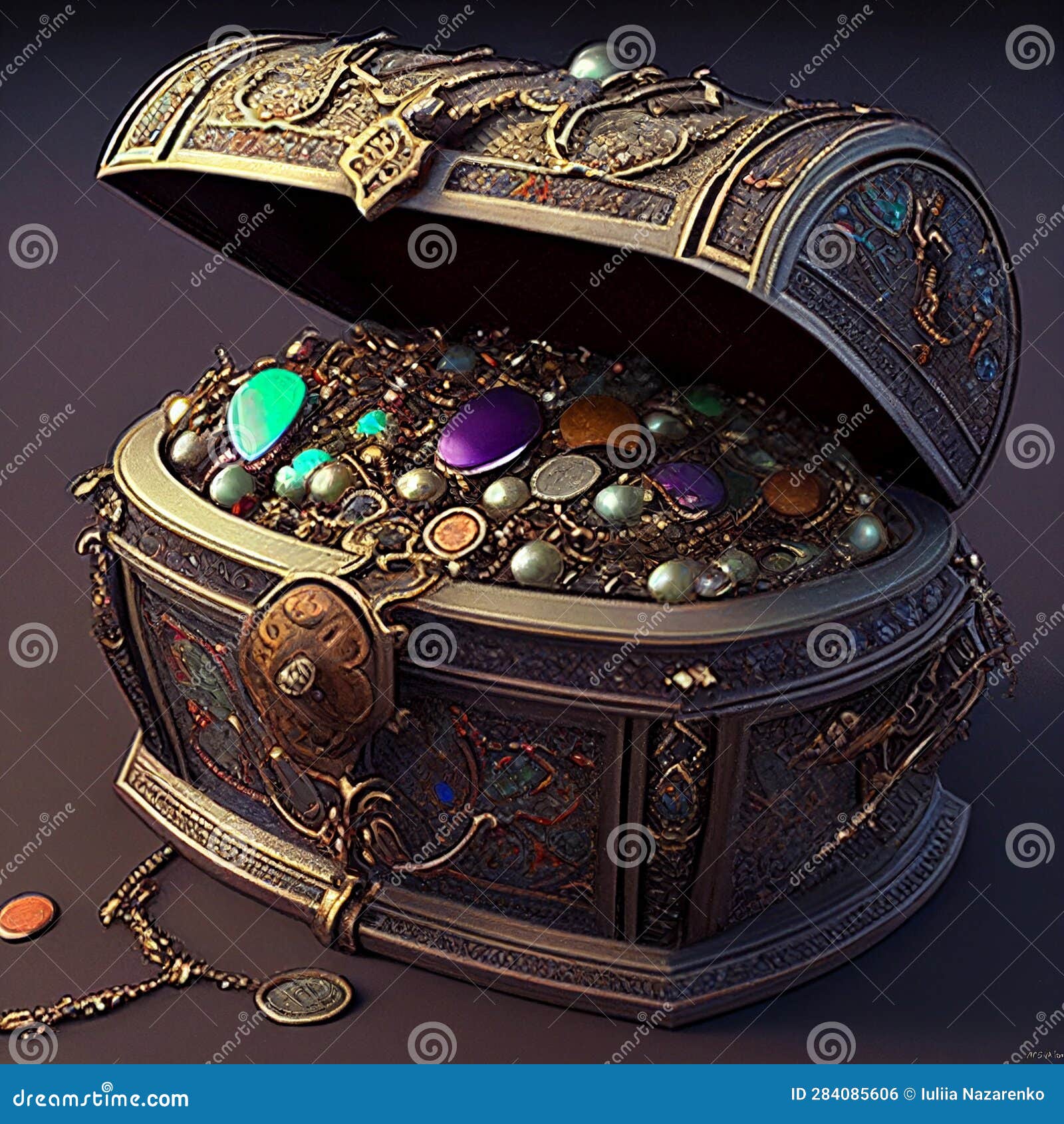 Chest with Gems, Jewelry and Coins. AI Generated Stock Illustration
