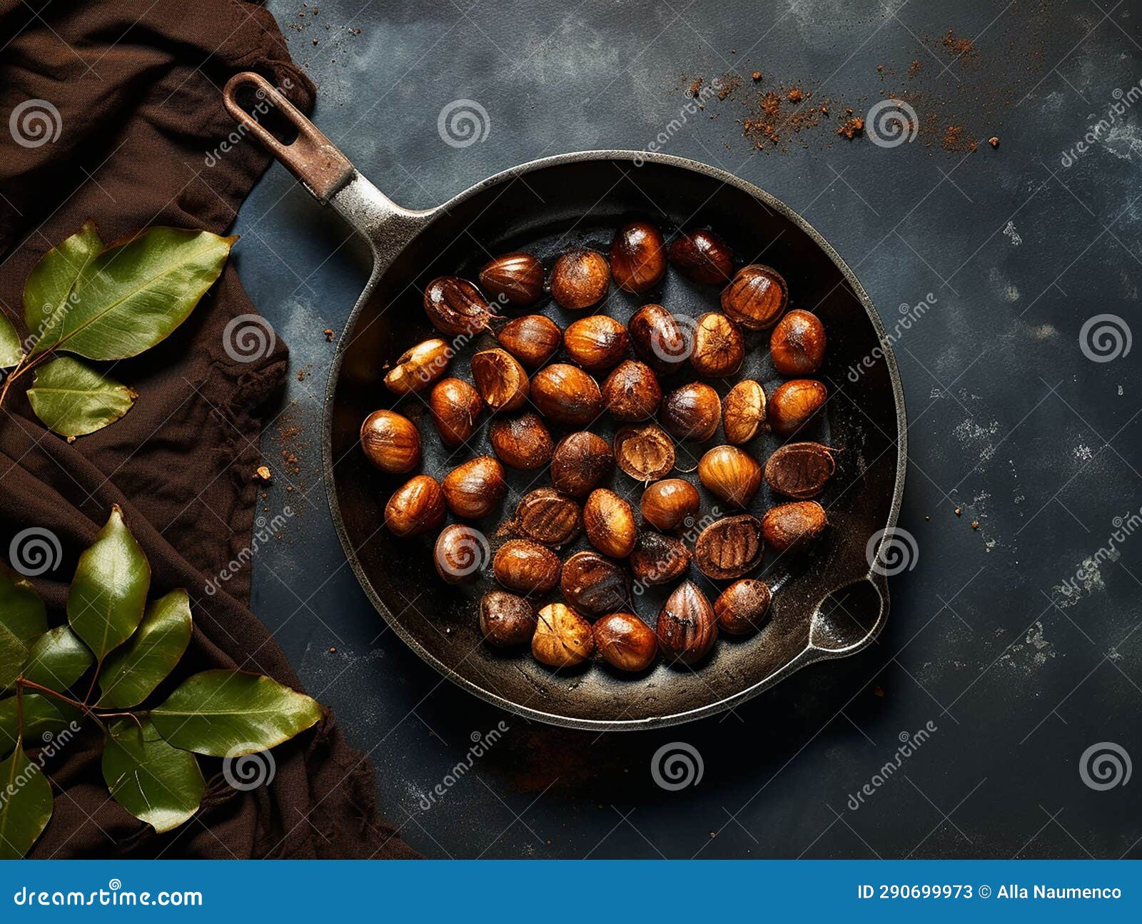 Premium Photo  Roasted chestnuts in a chestnut pan skillet with holes on a  aged brown wooden table