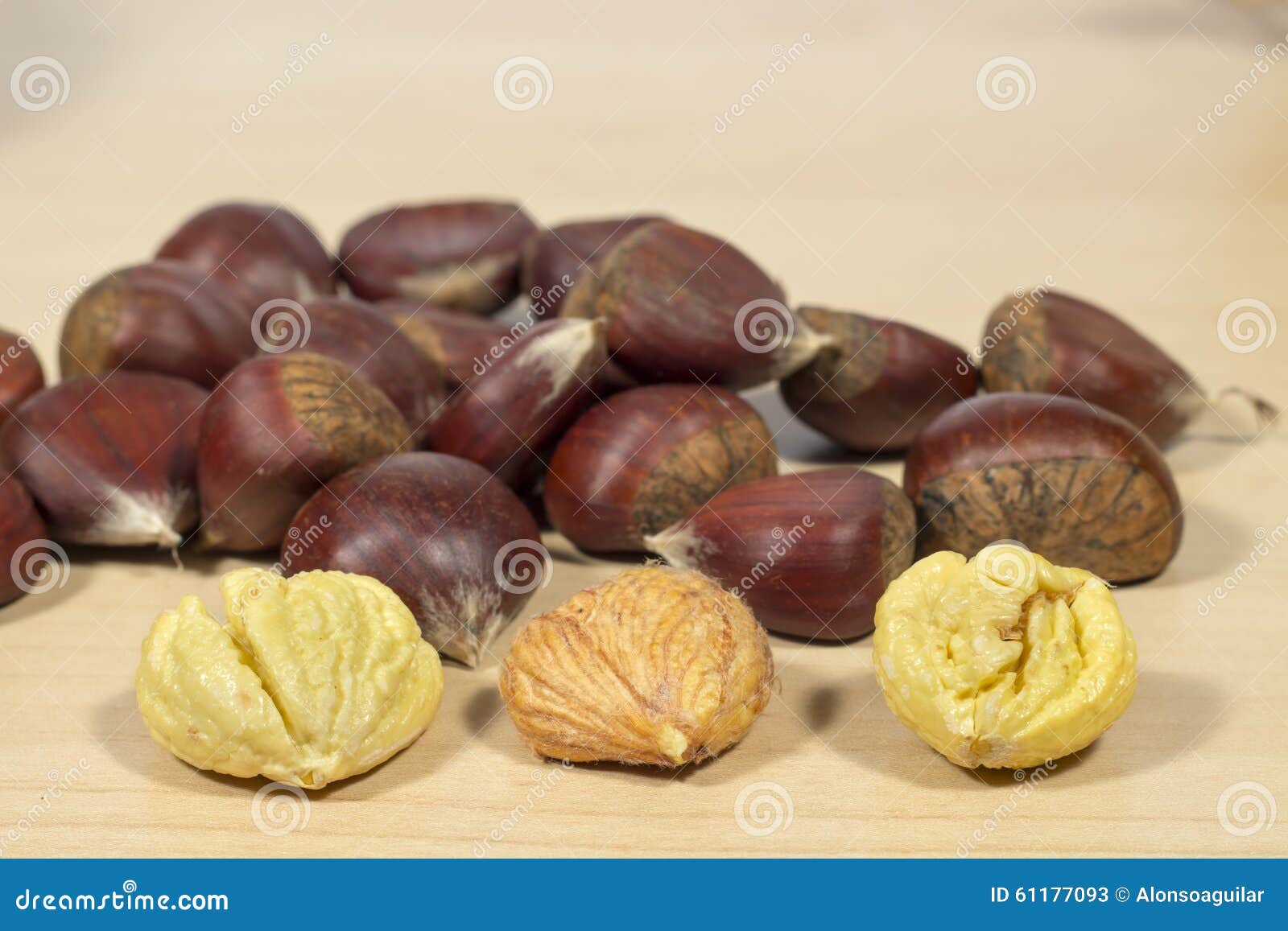 chestnuts, several of them peeled