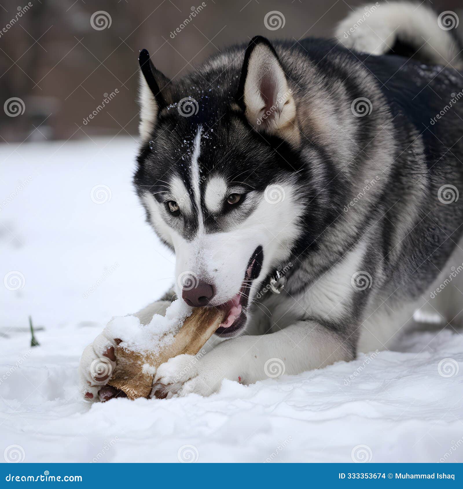 chewing on a snowy bone, an adult siberian husky enjoys the frosty treat