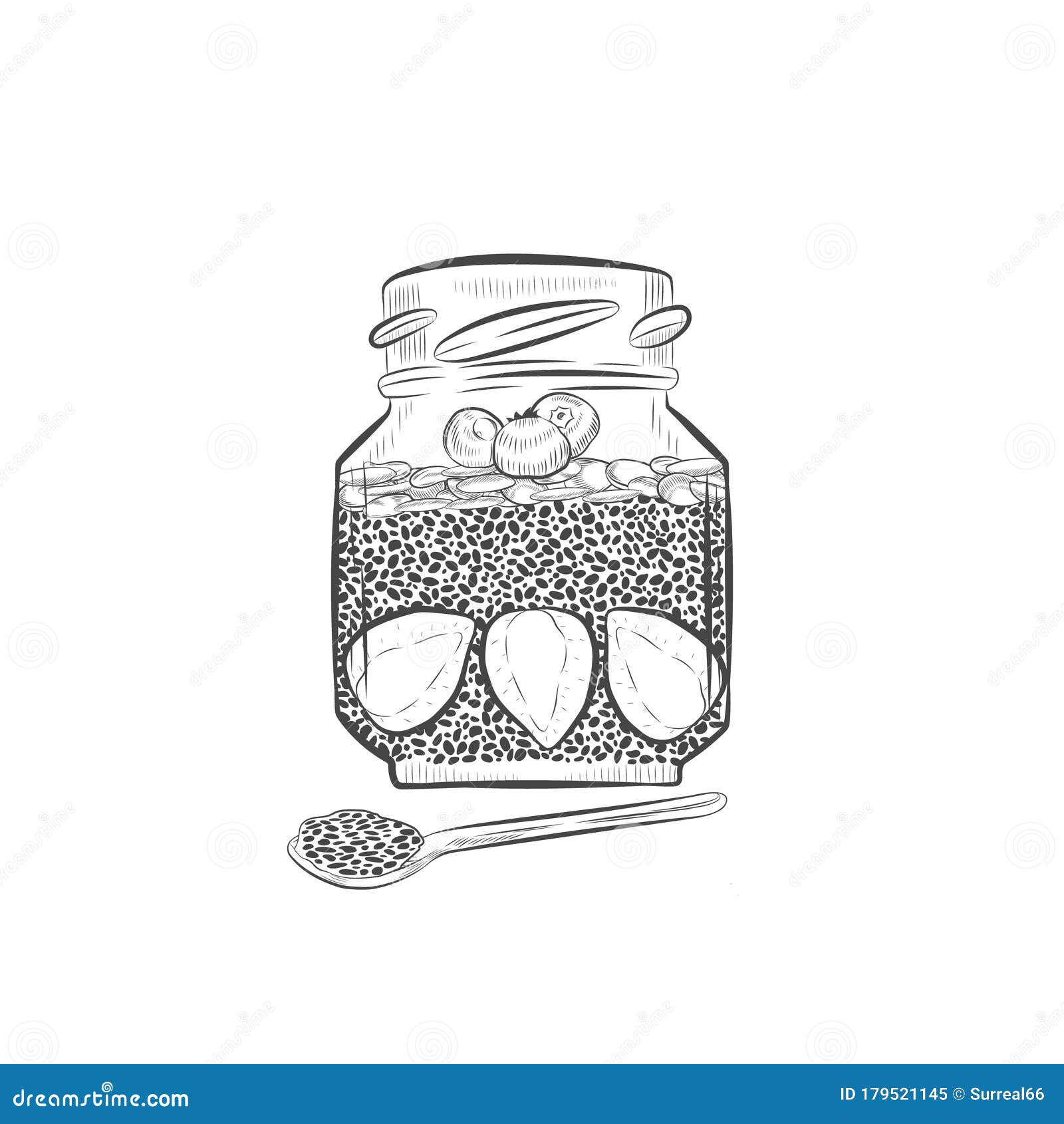 Chia pudding with berries in glass jar sketch Vector Image