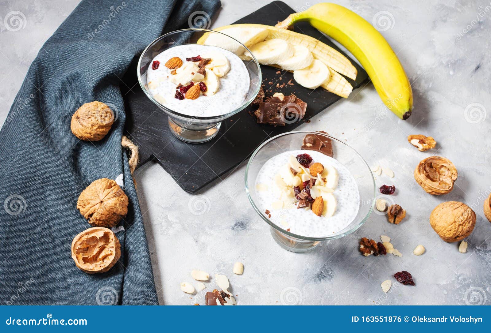 Chia Pudding Parfait Puff with Banana, Yogurt and Nuts Stock Photo