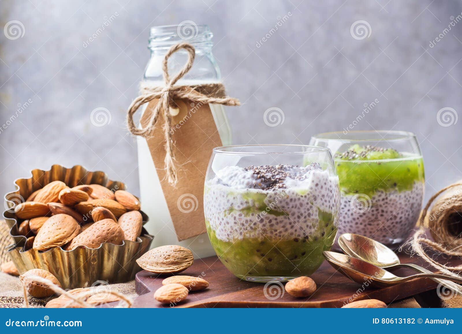 Chia Seed Pudding with Almond Milk and Fresh Fruit Topping Stock Photo