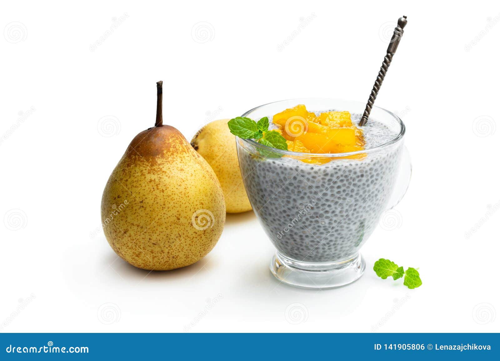 Chia Seed Pudding with Pear Jam Isolated on White Stock Photo Image