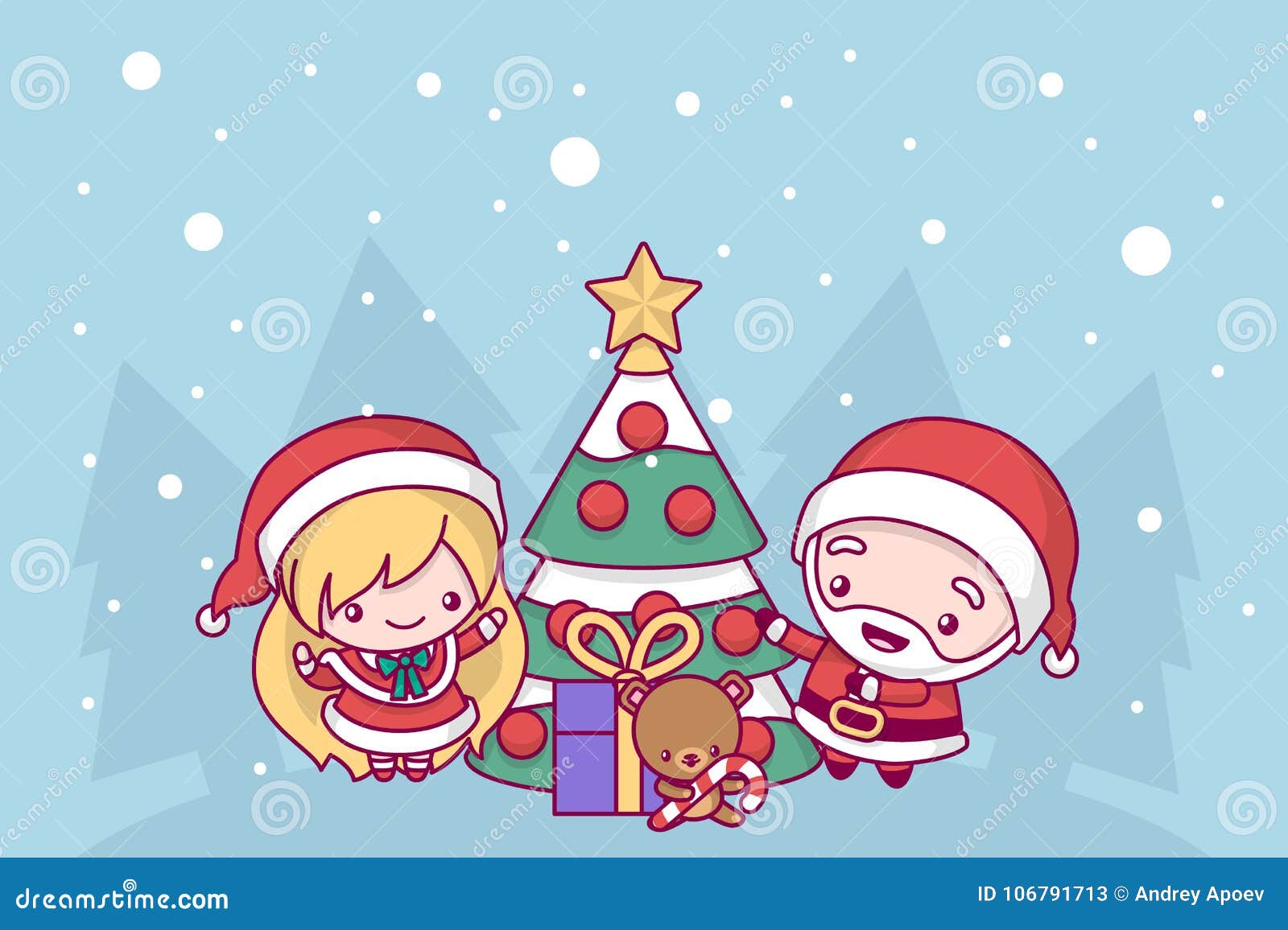 Feliz Natal, ilustração de desenho animado de Kawaii Chibi