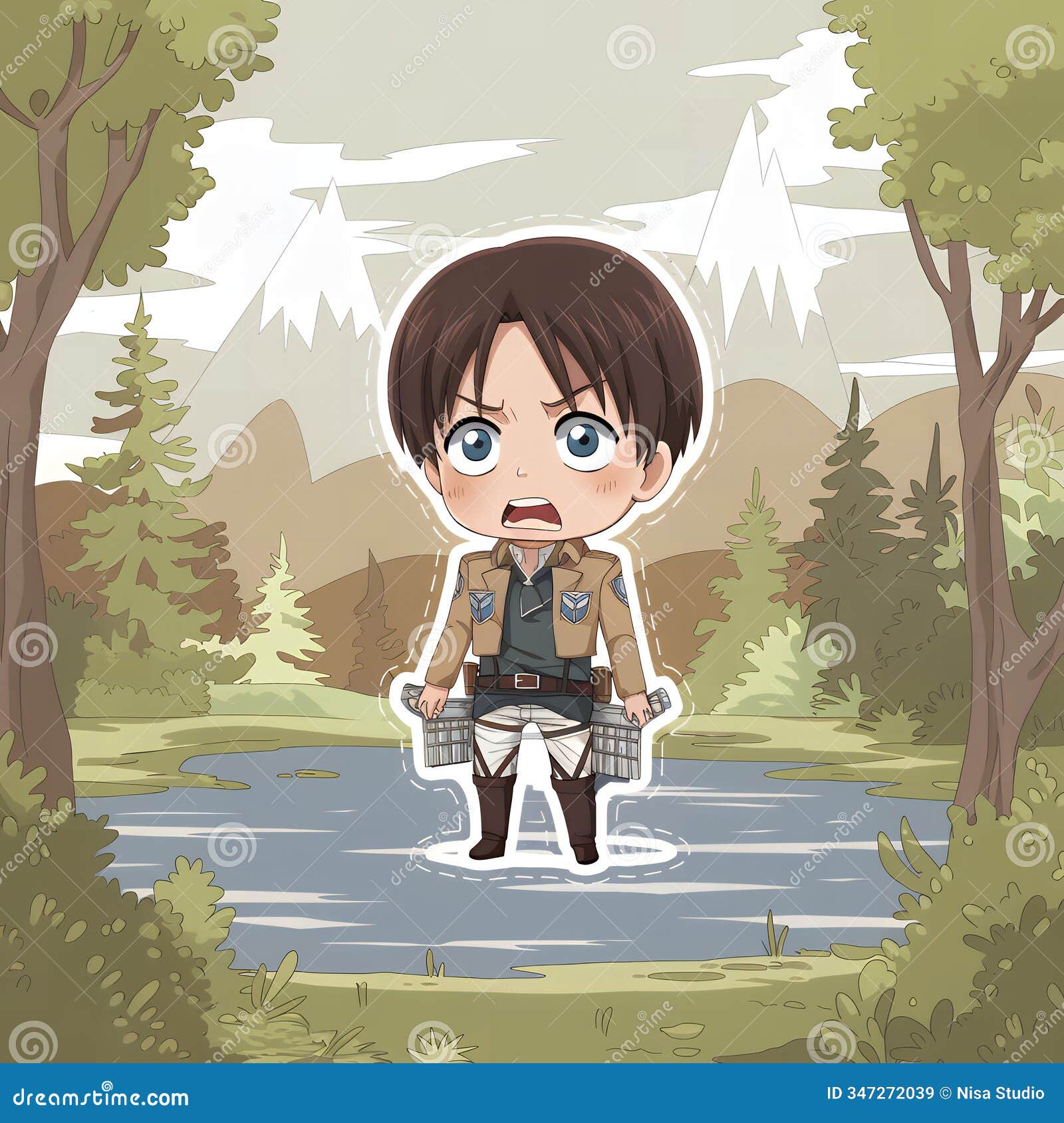 a chibi levi ackerman in a stunning mountainous landscape anime 
