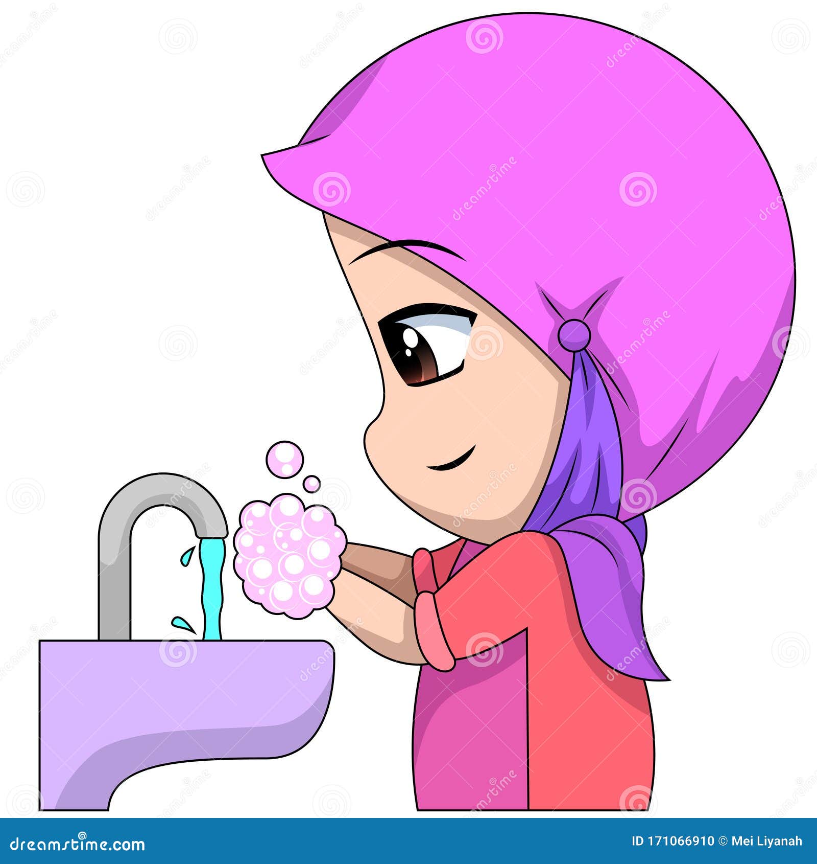 Chibi Muslim Female Cartoon Characters. Illustration of a Child Who Likes  To Wash Hands with Hygienic Soap Stock Vector - Illustration of khimar,  wash: 171066910