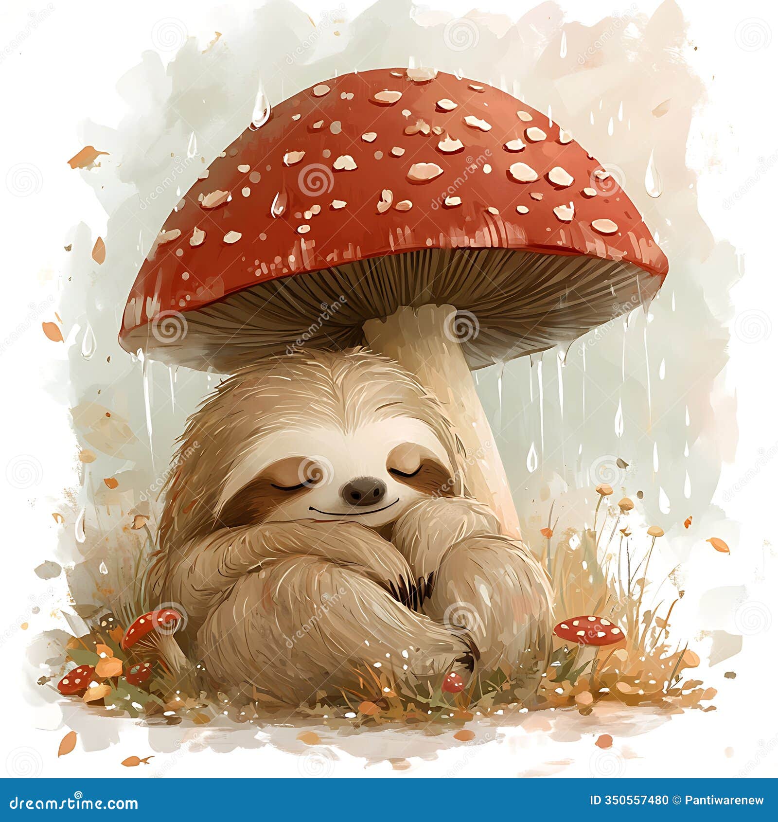 chibi sloth snoozing under a mushroom in rain