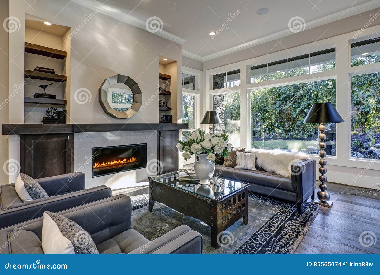 chic living room filled with built-in fireplace