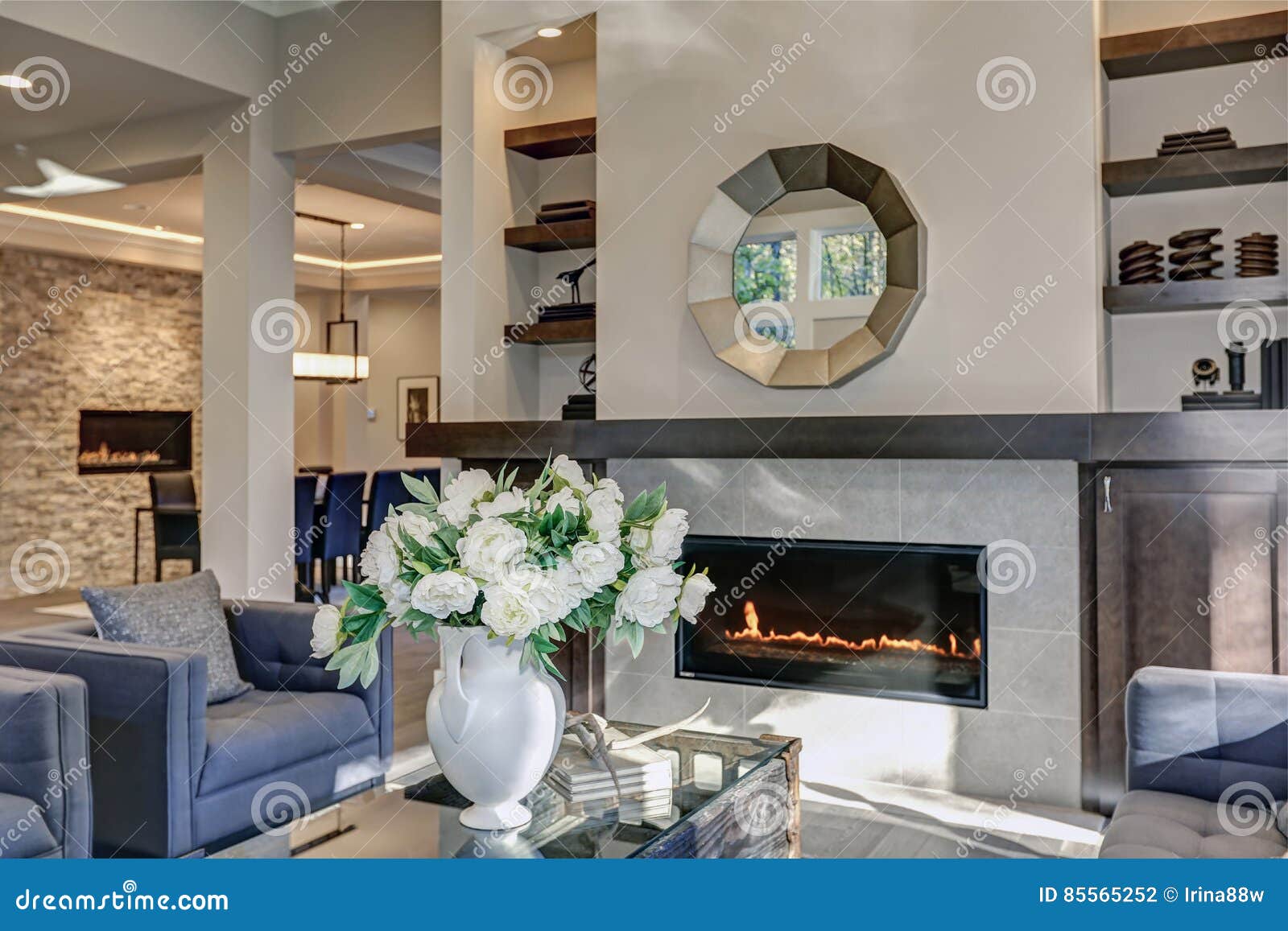 Chic Living Room Filled With Gas Fireplace Stock Photo Image Of