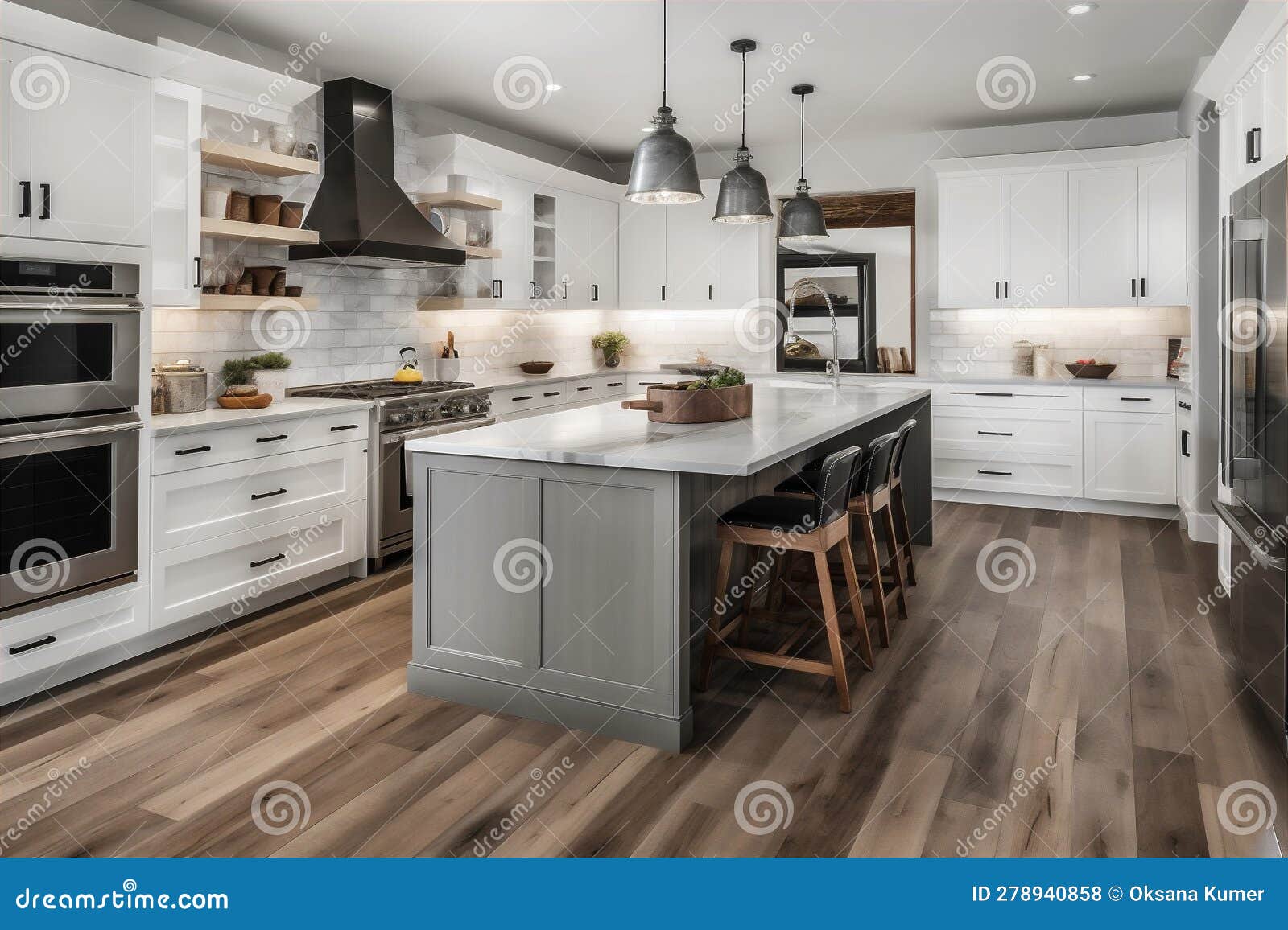 Chic Modern Kitchen with Stainless Steel Appliances, White Cabins. AI