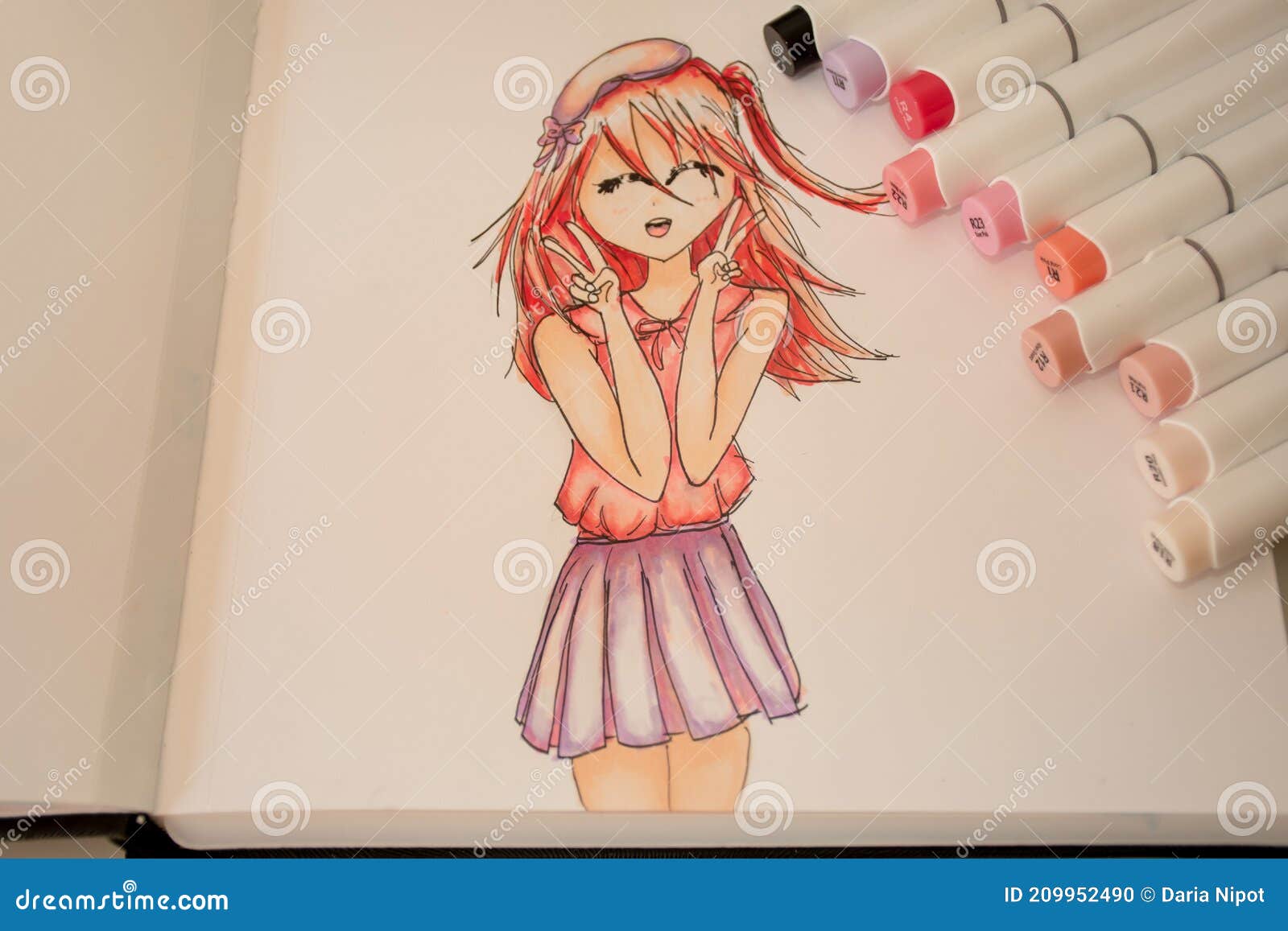 Chica Linda Estilo De Anime Boceto Con Alcohol Basado Boceto Dibujo  Marcadores Foto de archivo - Imagen de pintura, papel: 209952490