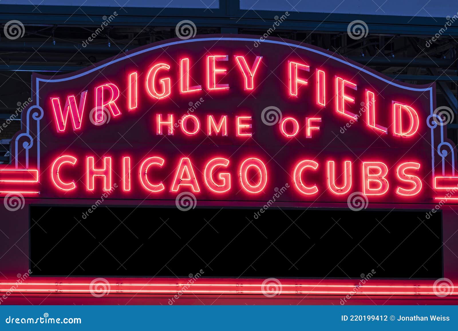 Wrigley Field Home of Chicago Cubs in Red Neon Lights with Copy