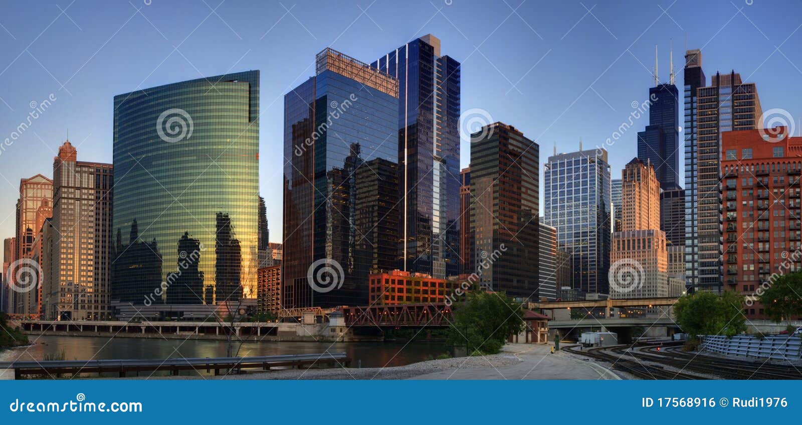 Chicago Downtown And Chicago River At Summer Time In Chicago, Illinois