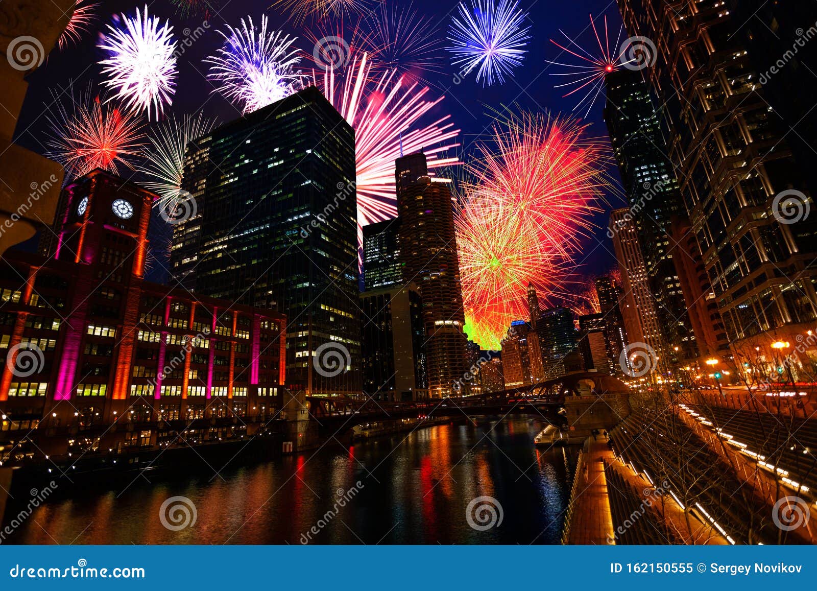Chicago Downtown with Fireworks Show at Night Stock Image Image of