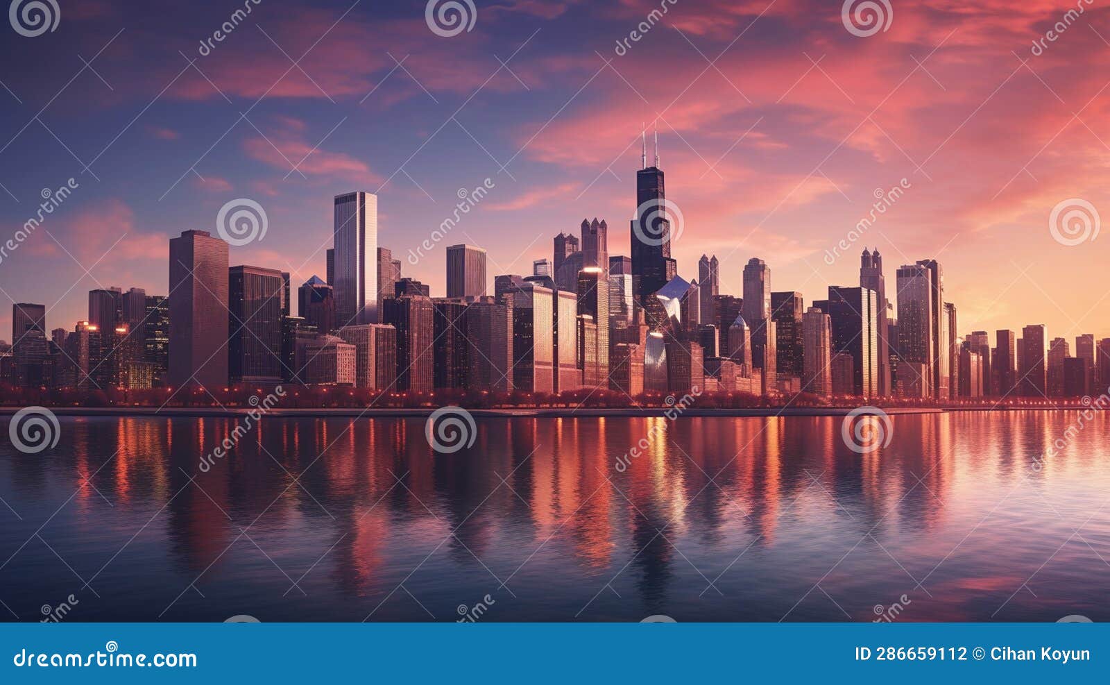 Chicago Lights in the Night Stock Illustration Illustration of