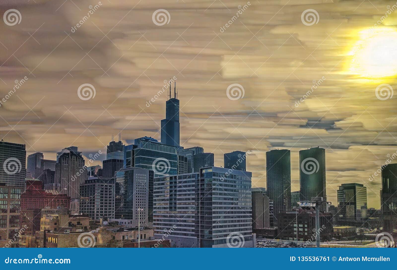 chicago loop skyline. west loop neighborhood with tallest tower landmark. long exposure with sun