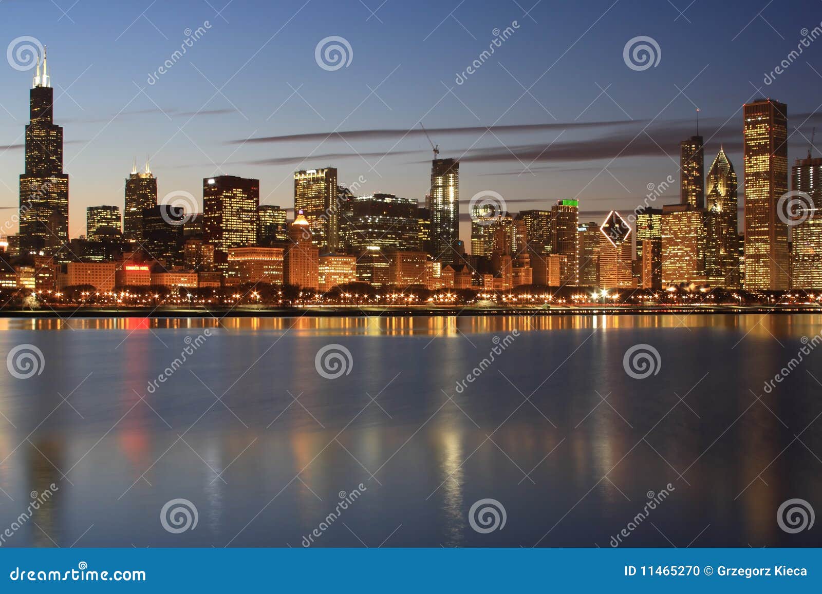 Chicago Skyline. Skyline of Downtown Chicago across Lake Michigan at sunset