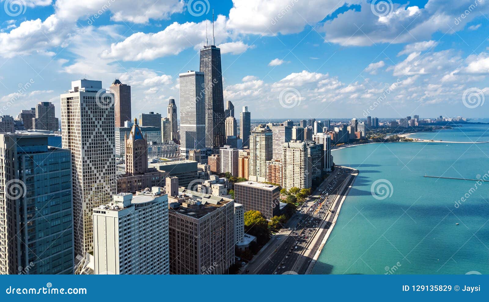 chicago skyline aerial drone view from above, lake michigan and chicago downtown skyscrapers cityscape, illinois, usa