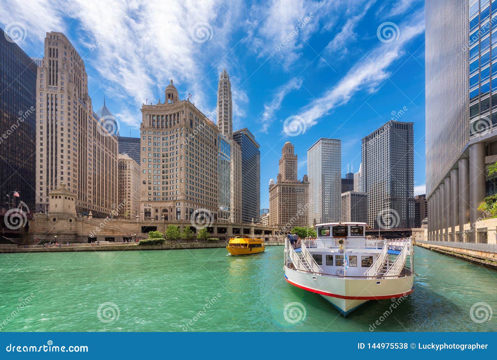 chicago downtown and chicago river at summer time in chicago, illinois.