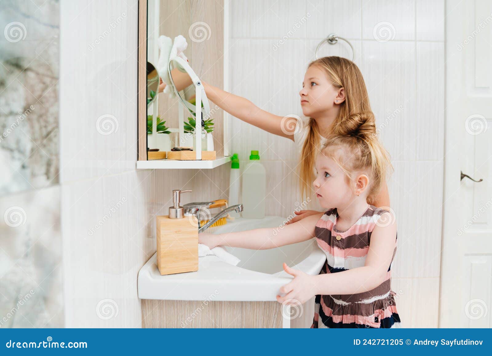 Chicas Lindas Lavan El Lavabo Y El Espejo Del Baño Con Un Limpiador  Especial. Imagen de archivo - Imagen de interior, higiene: 242721205